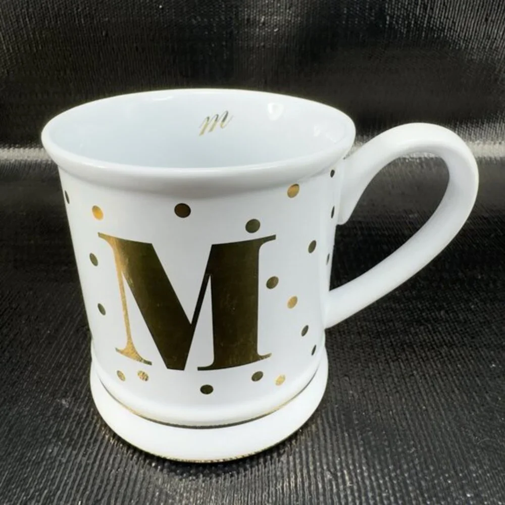 Pier 1 Imports Stoneware‎ Coffee Mug Cup Monogram Letter M White Gold Dots Mug